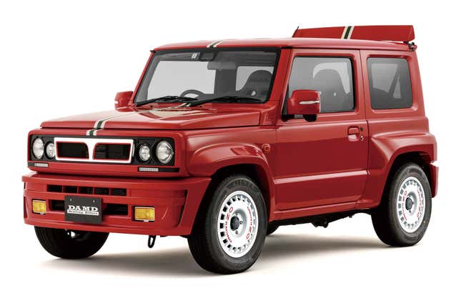 Front 3/4 view of a red Suzuki Jimny with a Lancia Delta Integrale bodykit