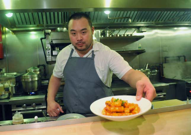 FILE - David Chang presents a dish at Momofuku Noodle Bar in New York on Thursday, Nov. 10, 2011. On Friday, April 12, 2024, Momofuku, a food and restaurant brand started by food mogul Chang, said it won&#39;t defend its trademark on the name “chile crunch” after it sparked an outcry by sending cease-and-desist letters to other businesses using the term. (AP Photo/Diane Bondareff, File)