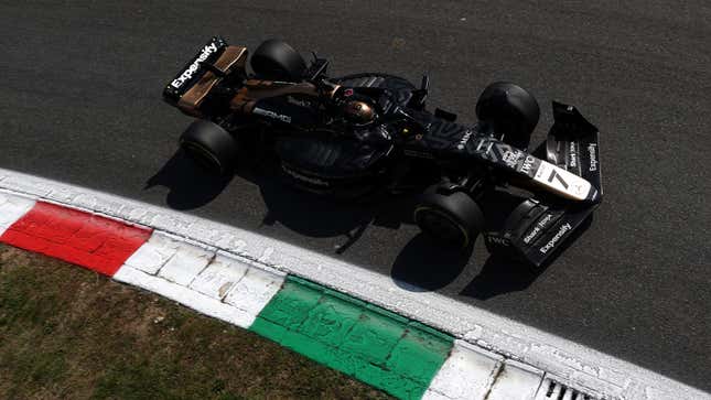A photo of a Formula 1 movie car on track in Italy. 