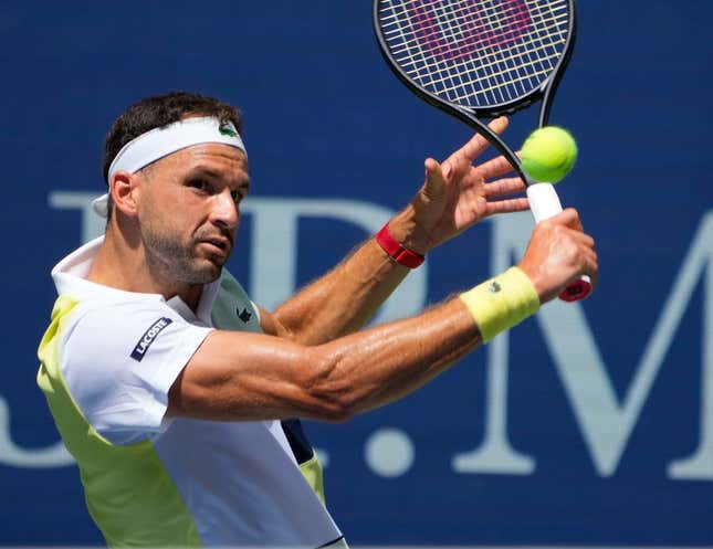 Aug 31, 2023; Flushing, NY, USA; Grigor Dimitrov of Bulgaria hits to Andy Murray of Great Britain on day four of the 2023 U.S. Open tennis tournament at USTA Billie Jean King National Tennis Center.