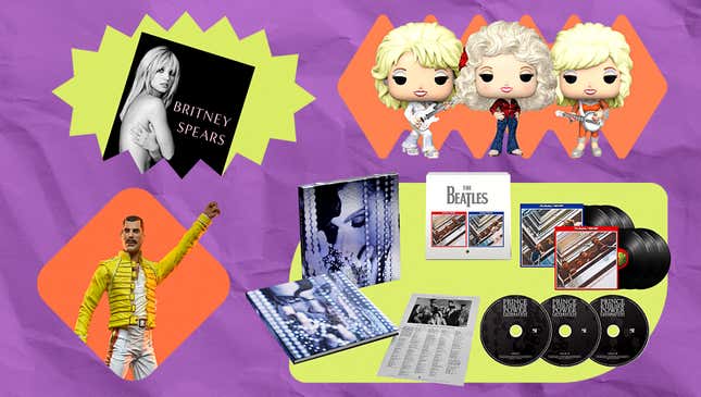 Im Uhrzeigersinn von unten links: Freddie Mercury-Actionfigur (NECO), The Woman In Me von Britney Spears (Gallery Books), Dolly Parton Funko Pop (Funko), The Beatles 1962-1966 & 1967-1970 (Capitol Records)
