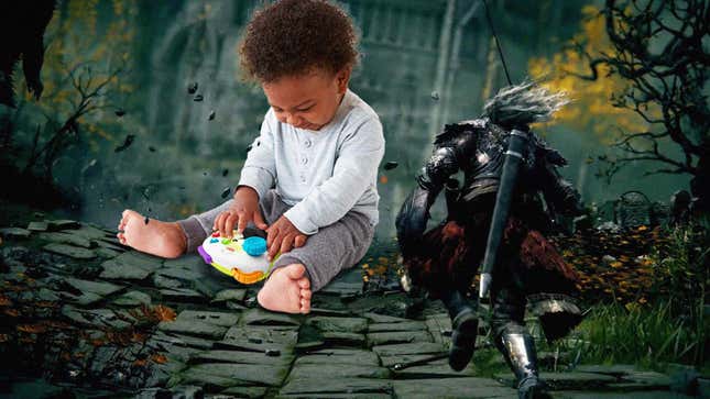 A baby playing with a Fisher-Price game controller sits in front of a castle in Elden Ring. 