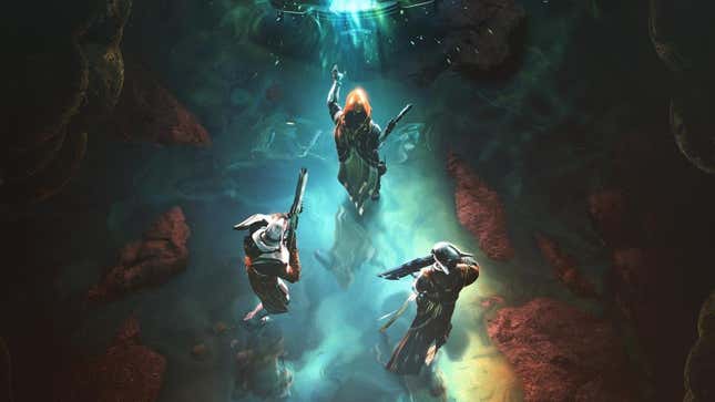 Destiny 2 Guardians explore a secret passage.