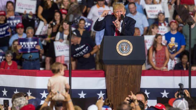 Donald Trump at a MAGA rally in Greenville, N.C., July 17, 2019, where a raucous crowd chanted “Send her back” in reference to Minnesota Rep. Ilhan Omar, who’s a Somali-born American citizen.