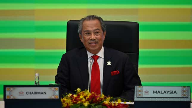 Malaysia’s Prime Minister Muhyiddin Yassin takes part in the online Asia-Pacific Economic Cooperation (APEC) leaders’ summit in Kuala Lumpur on November 20, 2020.