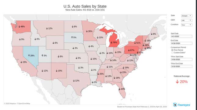 Image for article titled This Interactive Map Shows How Devastating Coronavirus Is On The American Car Market
