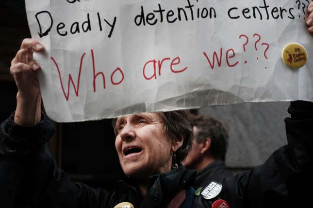 Immigrant rights protesters participate in a demonstration to draw attention to tech companies’ involvement in the immigration enforcement system on October 11, 2019, in New York City.