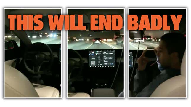 Image for article titled This Video of a YouTuber&#39;s Tesla Driving on Autopilot With No One in the Driver&#39;s Seat Is Deeply Stupid