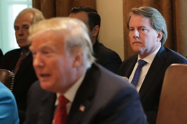 White House Counsel Don McGahn (R) attends a cabinet meeting with U.S. President Donald Trump in the Cabinet Room at the White House October 17, 2018 in Washington, DC.