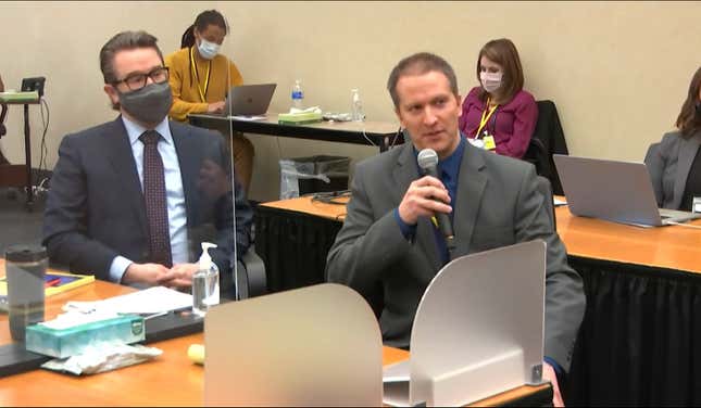 Defense attorney Eric Nelson, left, and defendant, former Minneapolis police officer Derek Chauvin address Hennepin County Judge Peter Cahill during motions before the court Thursday, April 15, 2021