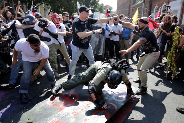  White nationalists, neo-Nazis and members of the “alt-right” clash with counterprotesters during the “Unite the Right” rally August 12, 2017 in Charlottesville, Va. 