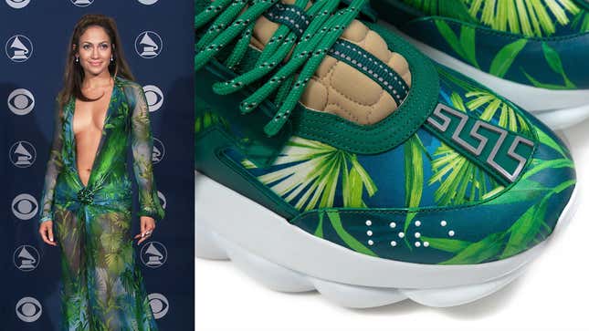 Image for article titled Is This Shoe OK? J. Lo’s Green Versace Dress… As a Sneaker