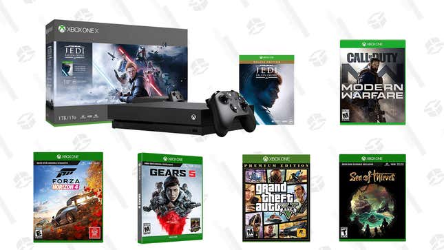 Microsoft Xbox One X 1TB Star Wars Jedi: Fallen Order Deluxe Edition Console Bundle | $350 | Best Buy | Also available at Amazon and Walmart
  Sea of Thieves | $20 | Best Buy | Also available at Amazon and Walmart
  Forza Horizon 4 | $20 | Best Buy | Also available at Amazon and Walmart
  Gears of War 5 | $25 | Best Buy | Also available at Amazon and Walmart
  Grand Theft Auto 5 Premium Edition | $15 | Best Buy| Also available at Amazon and Walmart
  Call of Duty Modern Warfare | $40 | Best Buy | Also available at Amazon and Walmart