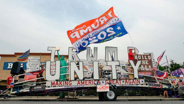 The “Trump Unity Bridge” sits parked during a pro-Trump rally in Tujunga, a north neighborhood of Los Angeles, California, August 21, 2020.