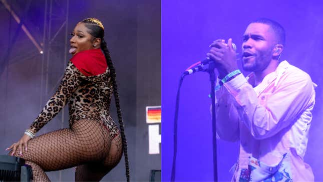 (L-R): Megan Thee Stallion performs during the Astroworld Festival on November 9, 2019 in Houston, Texas. ; Frank Ocean performs during the 2014 Bonnaroo Music &amp; Arts Festival on June 14, 2014 in Manchester, Tennessee.