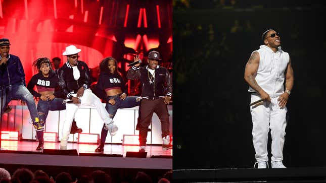 Ronnie DeVoe, Ricky Bell, and Michael Bivins of Bell Biv DeVoe perform onstage during the 2018 Soul Train Awards on November 17, 2018; Nelly performs at Madison Square Garden on June 21, 2015. 