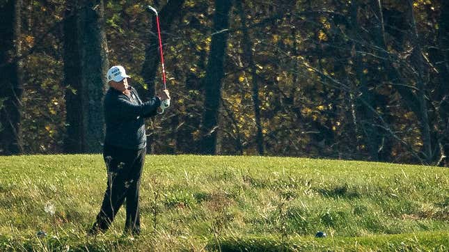 U.S. President Donald Trump golfs at Trump National Golf Club, on November 7, 2020 in Sterling, Virginia. News outlets projected that Democratic nominee Joe Biden will be the 46th president of the United States after a victory in Pennsylvania.