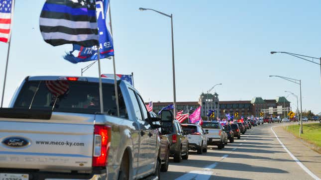 Vehicles participating in the Trump Train caravan on wait in interstate traffic on Nov. 1, 2020.