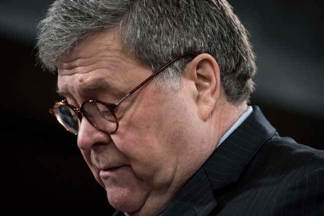 Attorney General William Barr participates in a press conference at the Department of Justice on February 10, 2020 in Washington, D.C.