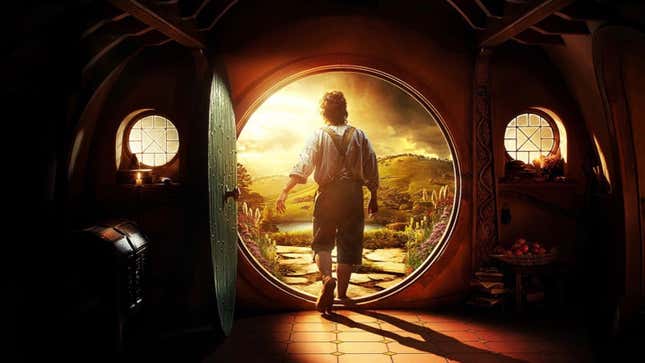 Bilbo Baggins steps out into the world from his very large dwelling, Bag End.