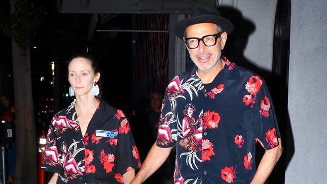Image for article titled I Remain Puzzled by Jeff Goldblum and Emilie Livingston's Matching Date-Night Shirts