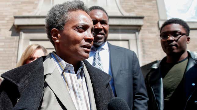 Chicago Mayor-elect Lori Lightfoot leaves the Rainbow PUSH Coalition in Chicago, Illinois on April 3, 2019.