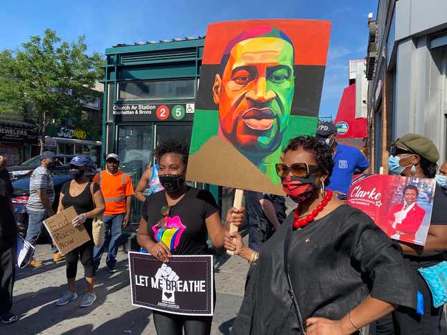 U.S. Rep. Yvette Clarke (D-NY) , right, preparing to march at a protest organized by local faith leaders in the Flatbush section of Brooklyn, N.Y. on Sunday, June 21, 2020.