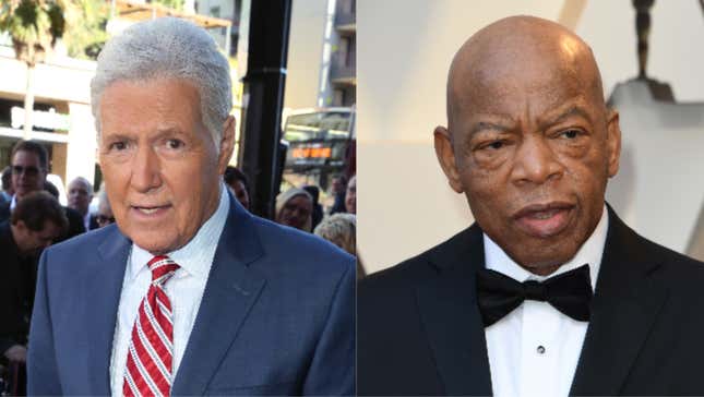 (L-R): Alex Trebek attends Harry Friedman being honored with a Star on the Hollywood Walk of Fame on November 01, 2019 in Hollywood, California. ; US representative John Lewis (D-GA) arrives for the 91st Annual Academy Awards in Hollywood, California on February 24, 2019.