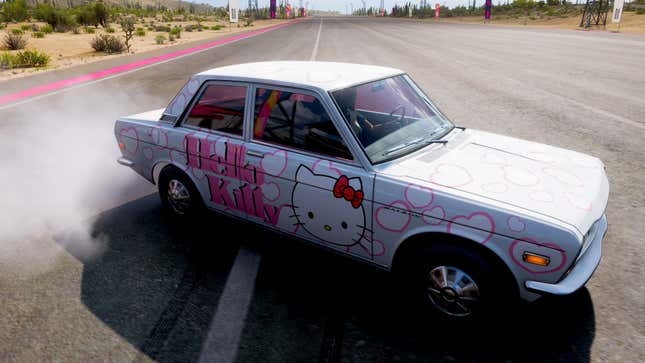 A Datsun covered with hearts and Hello Kitty, from Forza Horizon 5. 