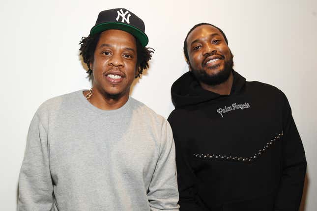 Shawn “Jay-Z” Carter (L) and Meek Mill attend the launch of The Reform Alliance at John Jay College on January 23, 2019 in New York City. 