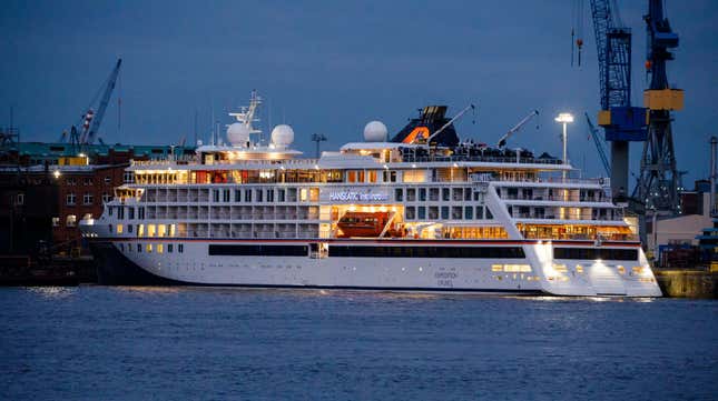 The Hanseatic inspiration, a cruise ship of Hapag-Lloyd Cruises, stands in Hamburg Port on July 29, 2020 in Hamburg, Germany.