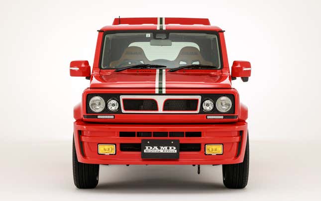 Front view of a red Suzuki Jimny with a Lancia Delta Integrale bodykit