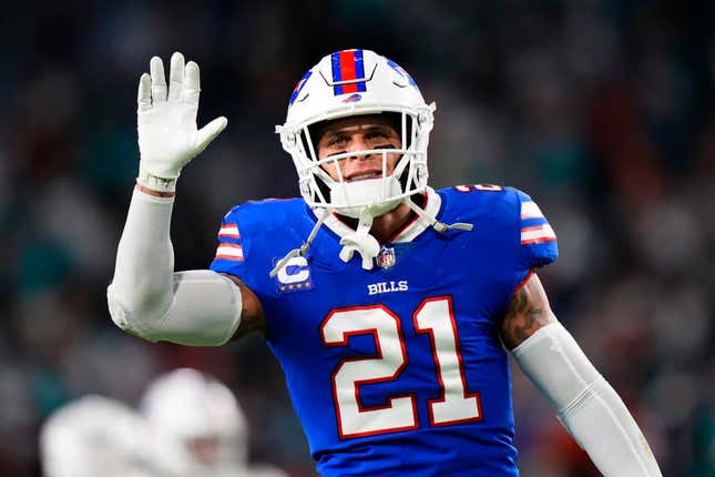 Jordan Poyer of the Buffalo Bills reacts after a 21-14 victory against the Miami Dolphins at Hard Rock Stadium on January 07, 2024 in Miami Gardens, Florida.