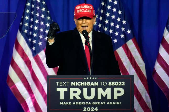 FILE - Republican presidential candidate former President Donald Trump speaks at a campaign rally in Waterford Township, Mich., Feb. 17, 2024. Trump is urging Republican leaders in Michigan to target Black voters in the swing state. Trump met with Michigan GOP chair Pete Hoekstra last Tuesday, March 19, in Florida to strategize his reelection bid and keyed in on &quot;nontraditional Republican voters,&quot; Hoekstra said Monday, March 25. (AP Photo/Paul Sancya, File)