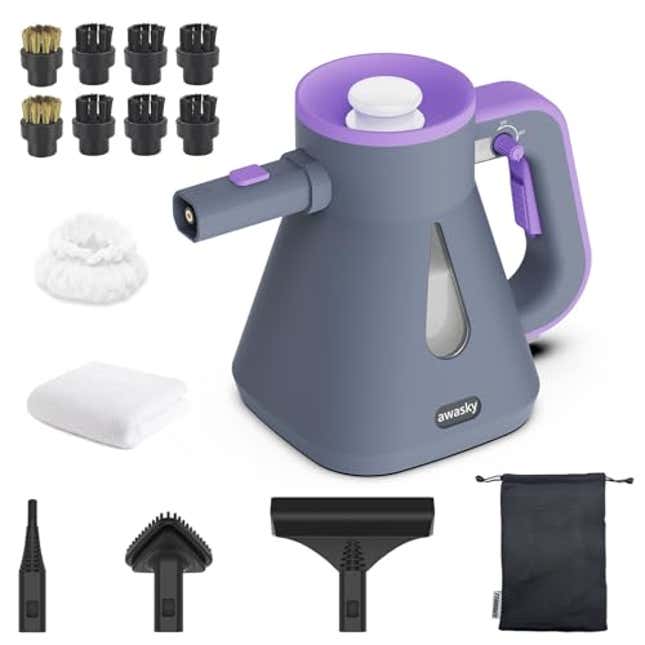 Image for article titled awasky Steam Cleaner Handheld: 1200W Fast 10-Sec Heat-Up-750mL (25oz) Tank-No Cooling-Refill Anytime-Lockable Steam Trigger-14-Piece Kit Hand Held Steamer for Home Car Grout Tile Cleaning Grey, Now 30% Off