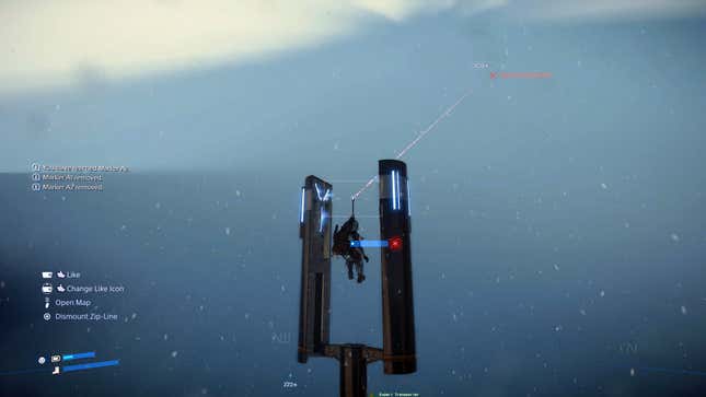 Sam hangs in a zipline transporter.