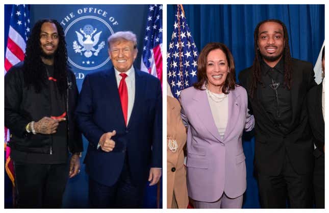 Le rappeur Waka Flocka Flame avec le candidat républicain Donald Trump (à gauche), la candidate démocrate Kamala Harris avec le rappeur Quavo (à droite)