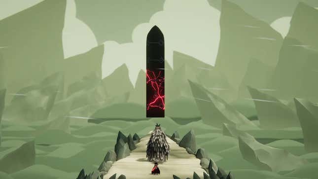 A screenshot of Death's Door shwoing two crows looking at a floating black door over a cliffside. The door is shattered and the cracks are glowing an ominous red.