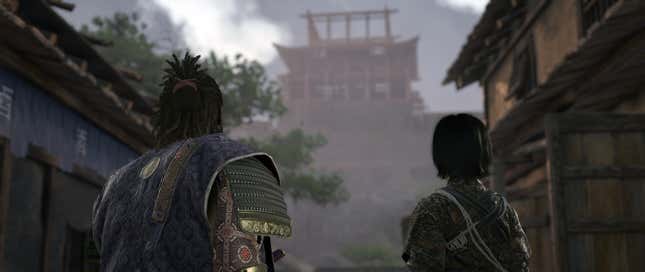 Yasuke and Naoe look out at a building.