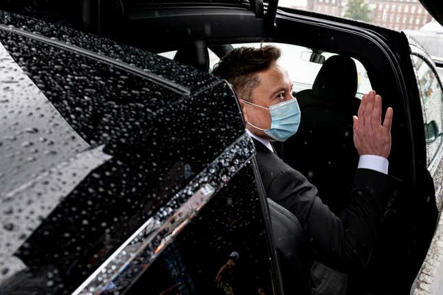 Elon Musk leaves the executive committee meeting of the CDU/CSU in Westhafen in a Tesla on Sept 20, 2020. 