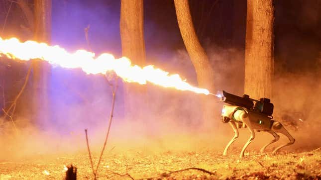 A photo of a flame-throwing robot dog. 