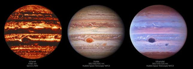 Jupiter, seen differently in infrared (left), visible light (center), and ultraviolet (right).