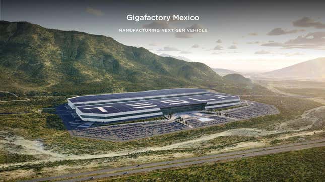 A render of a Tesla Gigafactory in Mexico backed up to mountains