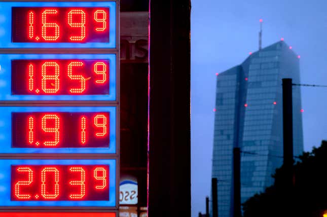 FILE - Gas prices are displayed at a gas station in Frankfurt, Germany, on July 28, 2023. The world economy is losing momentum in the face of higher interest rates, the ongoing war in Ukraine and widening geopolitical rifts, the International Monetary Fund warned Tuesday Oct. 10, 2023. (AP Photo/Michael Probst, File)