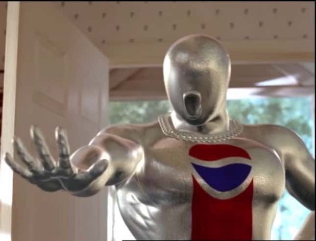 A silver, eyeless Pepsiman stands in a doorway, holding his hand out.