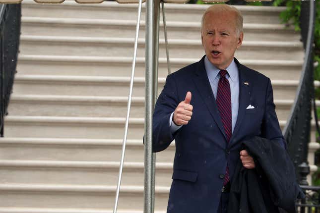 WASHINGTON, DC - MAY 06: U.S. President Joe Biden gestures to members of the press prior to his departure from the White House May 6, 2022 in Washington, DC. President Biden is traveling to Hamilton, Ohio, to visit United Performance Metals. 