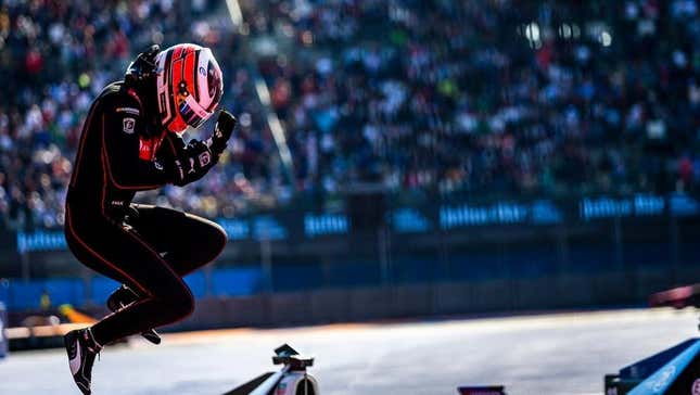 Jake Dennis of Avalanche Andretti celebrates his win at Formula E's Mexico City ePrix