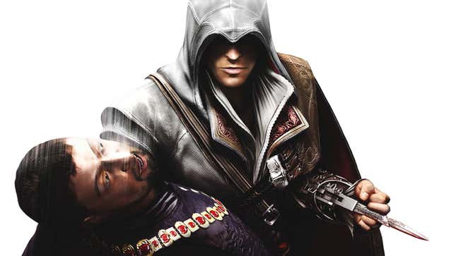 An image shows an assassin in a white hood holding a dead body and a hidden dagger.