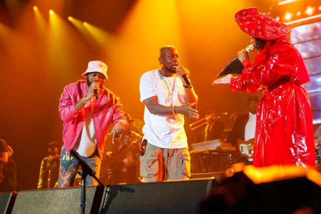 Pras, from left, Wyclef Jean, and Lauryn Hill of the Fugees perform during &quot;The Miseducation of Lauryn Hill&quot; 25th anniversary tour on Sunday, Nov. 5, 2023, at the Kia Forum in Inglewood, Calif. (Photo by Willy Sanjuan/Invision/AP)