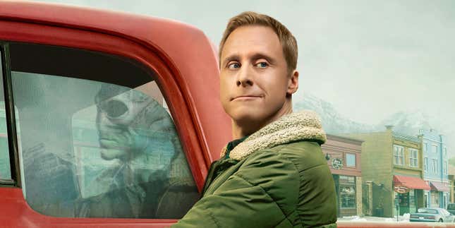 Promotional art for Syfy's Resident Alien, showing Alan Tudyk's Harry in both his human and alien forms. 